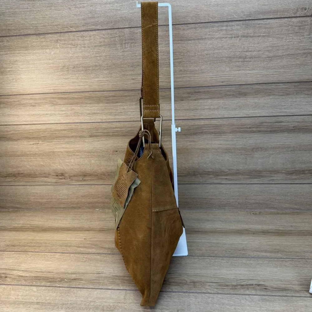 Vilenca Holland Suede Slouchy Hobo Shoulder Bag Earthy Brown Whipstitch Boho